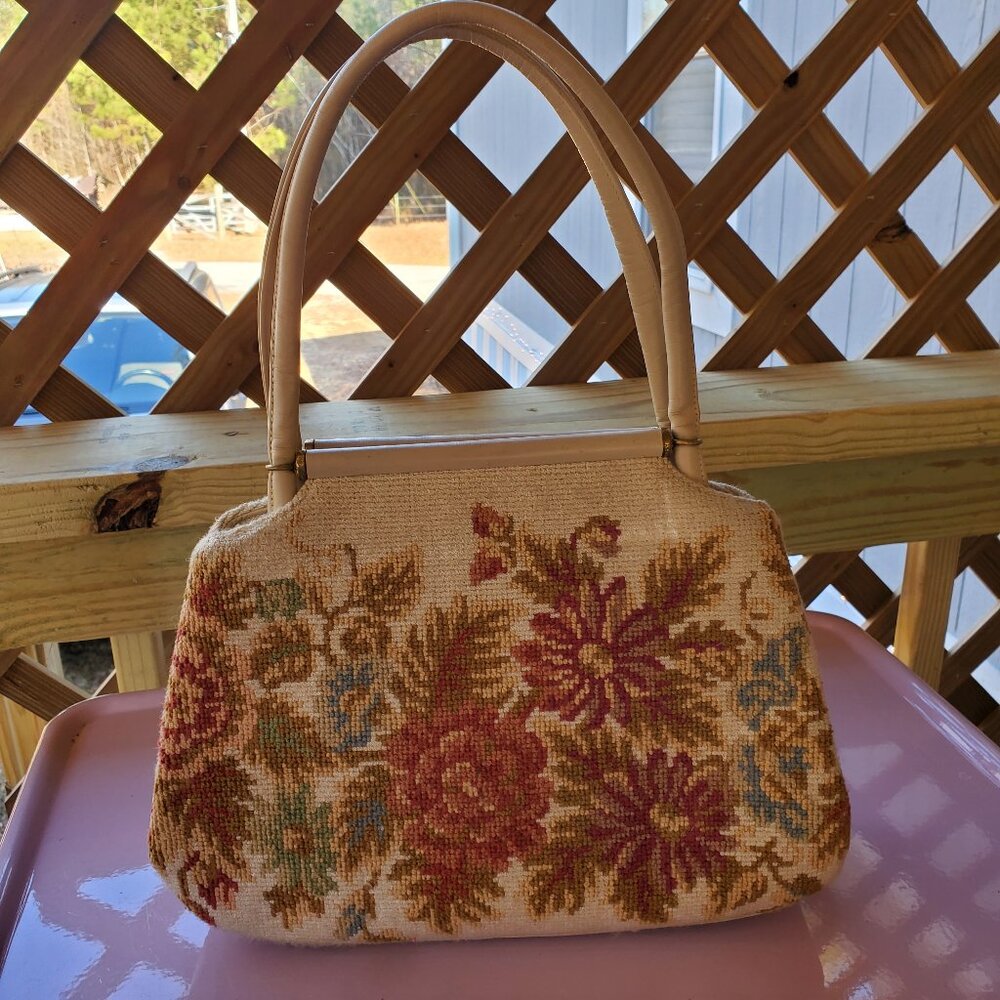 Vintage Floral Needle Point Handbag Cream with Florals